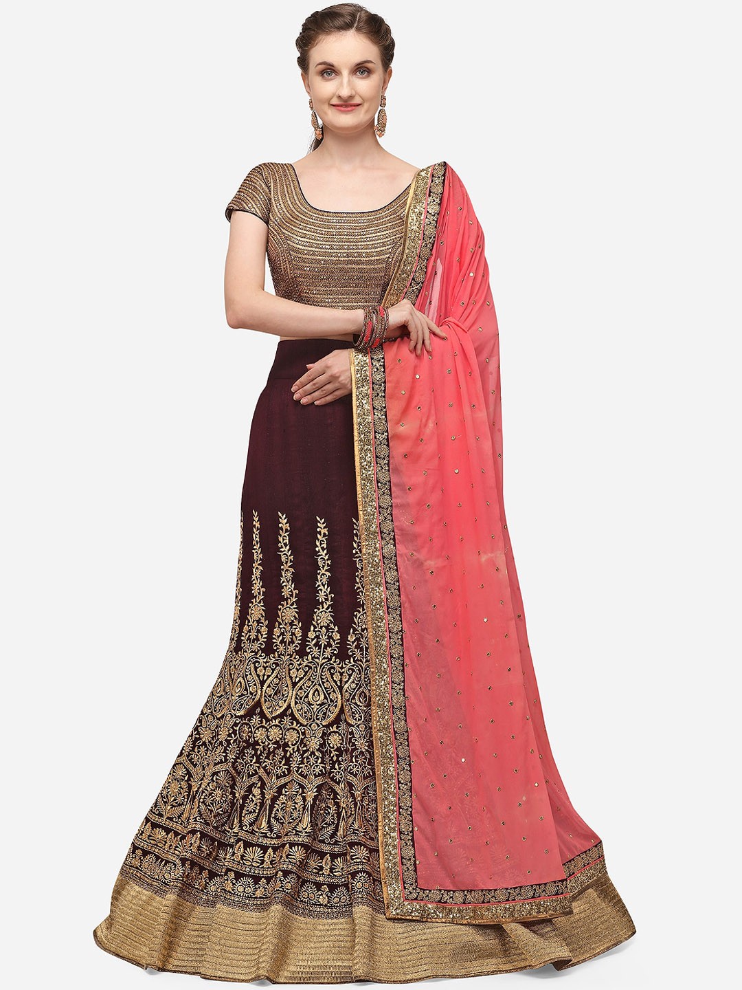 

NAKKASHI Maroon Semi-Stitched Lehenga & Blouse with Dupatta