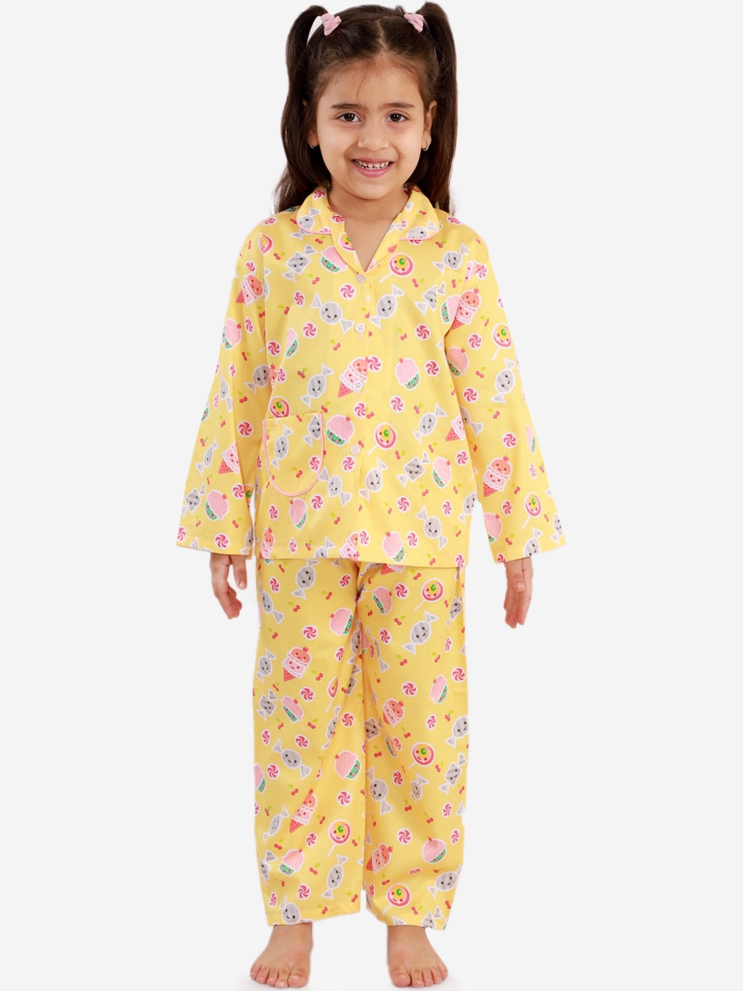 

KID1 Girls Yellow & Pink Printed Night Suit