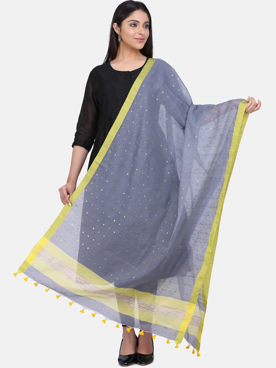

THE WEAVE TRAVELLER Grey & Yellow Woven Design Dupatta