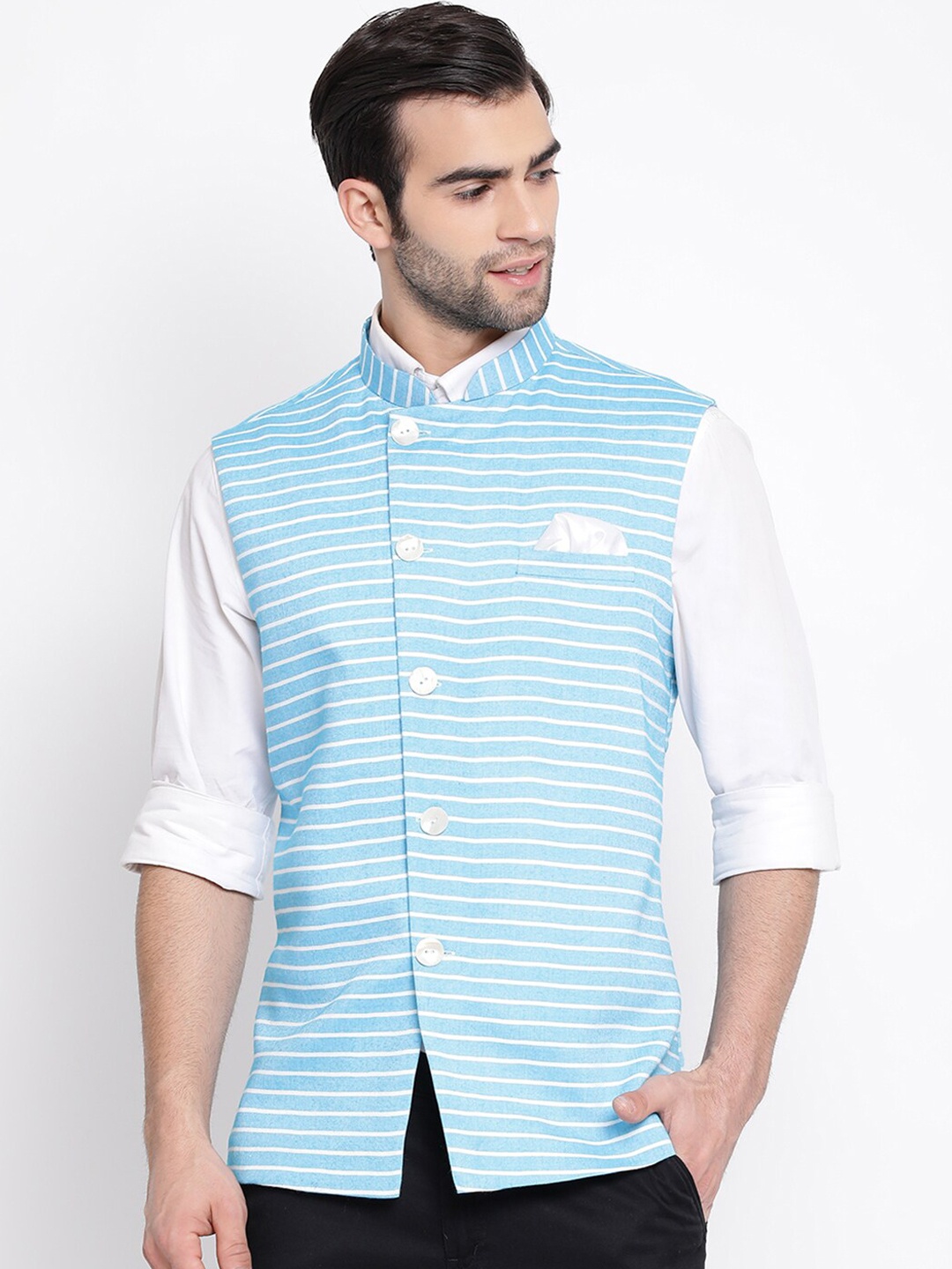 

VASTRAMAY Men Blue & White Woven Slim-Fit Nehru Jacket