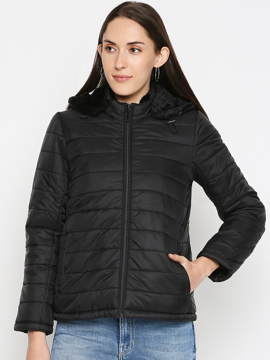 

People Women Black Solid Padded Jacket