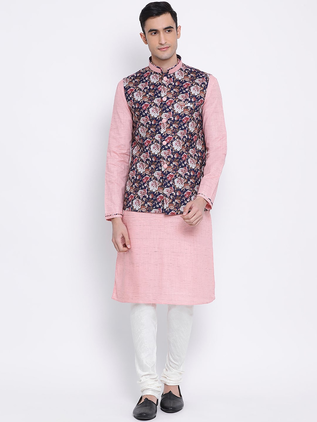 

Sanwara Men Pink & White Solid Kurta Nehru Jacket Set with Churidar