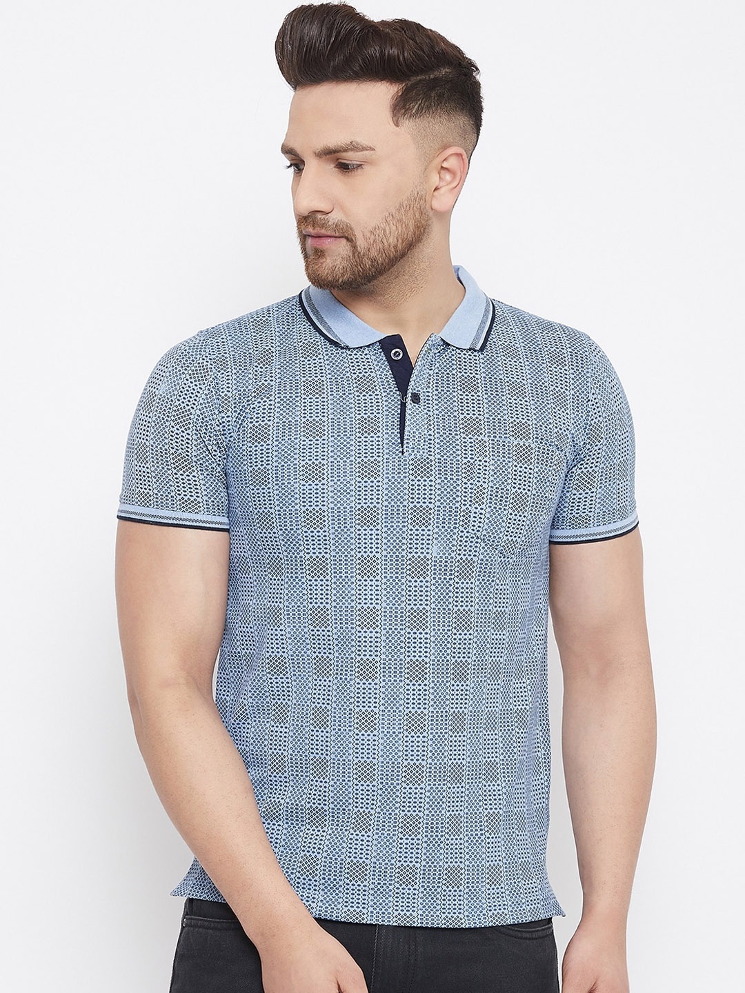 

Adobe Men Blue Printed Polo Collar T-shirt
