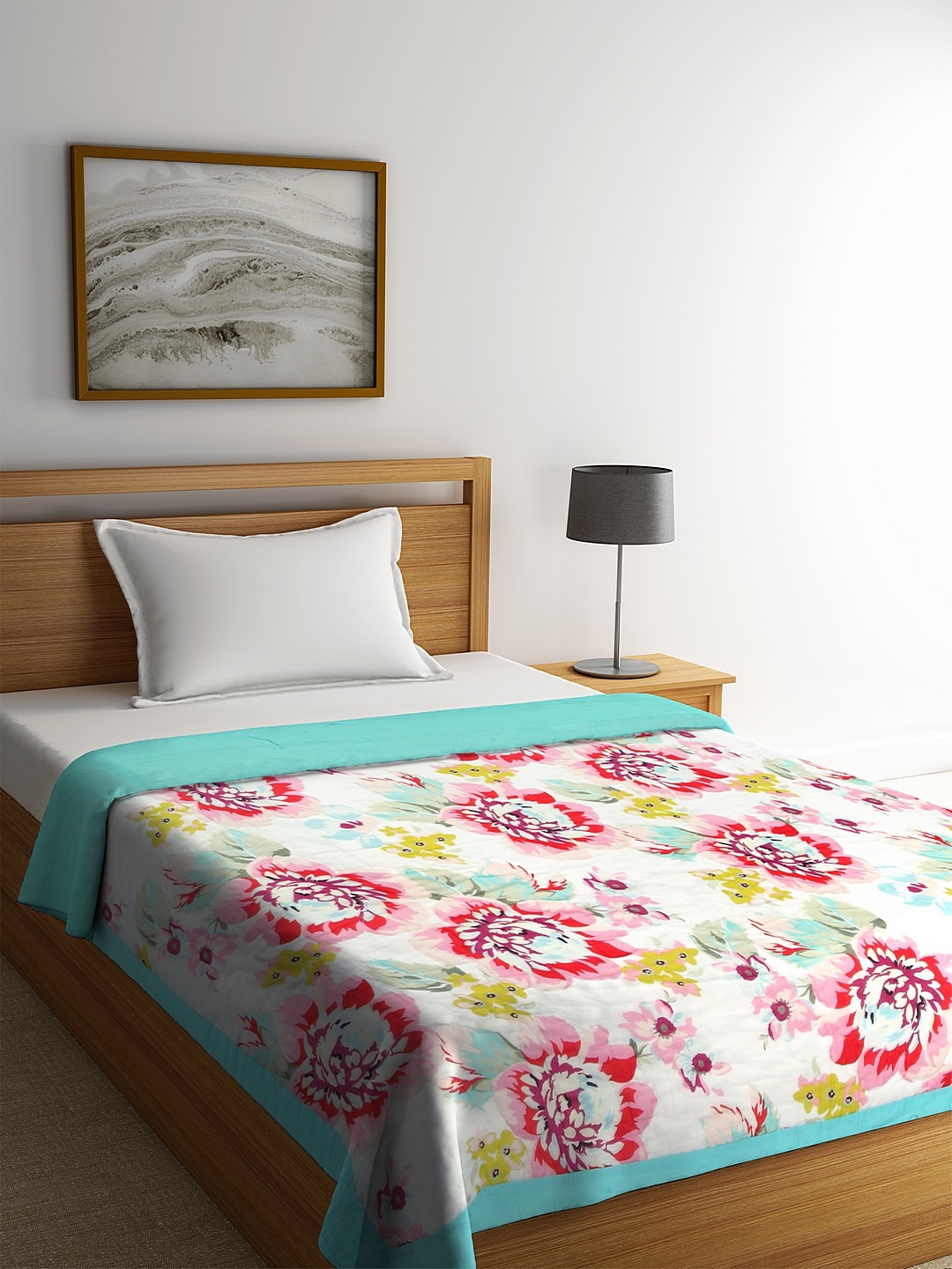 

REME White & Turquoise Blue Floral Organic Cotton AC Room 150 GSM Single Bed Quilt