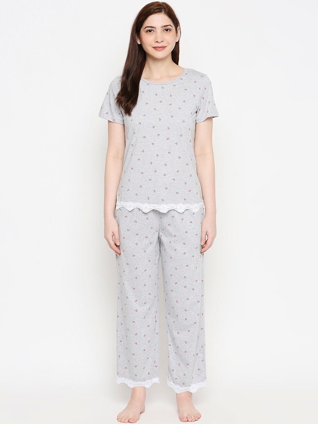 

Dreamz by Pantaloons Women Grey & pink Floral Printed Night Suit, Grey melange