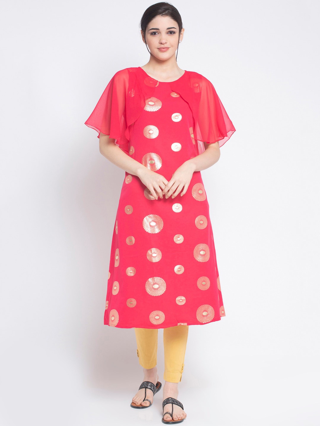 

ALC Creations Peach-Coloured Ethnic Motifs Printed Flared Sleeves Crepe Kurta