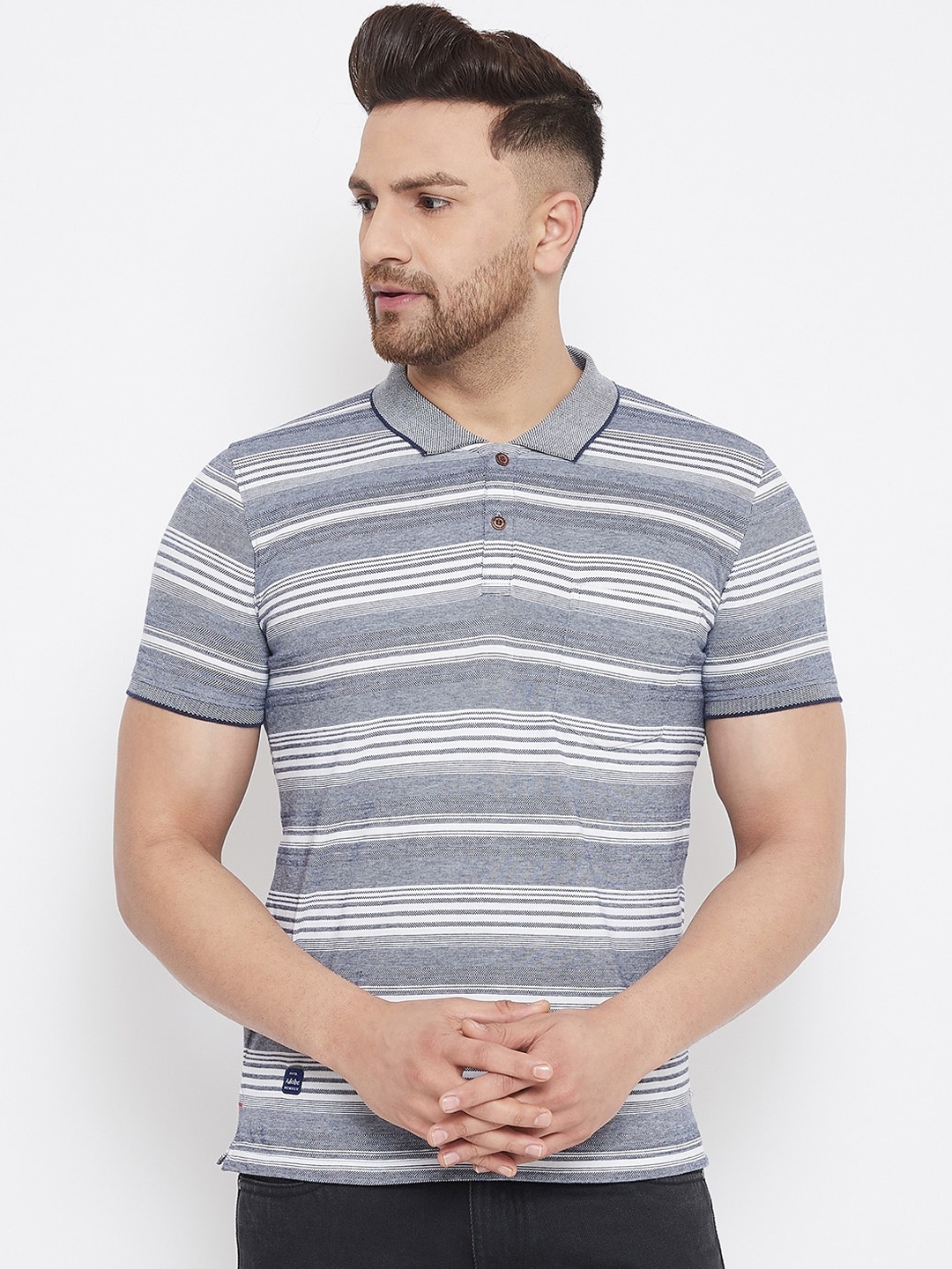 

Adobe Men Blue Striped Polo Collar T-shirt