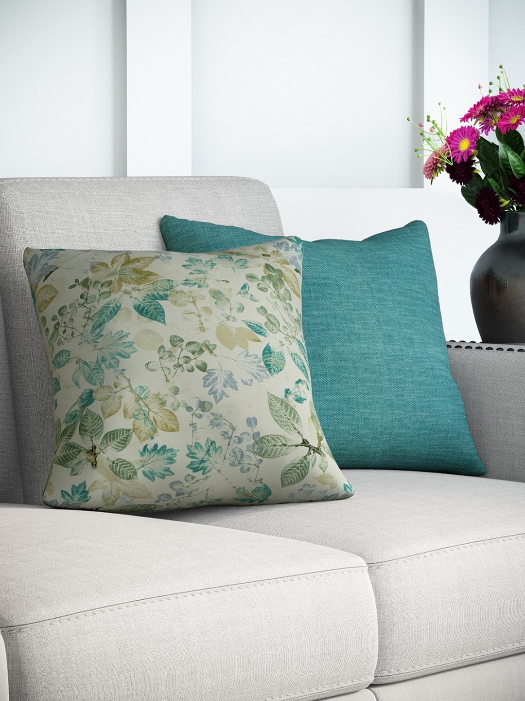 DDecor Turquoise Blue & Green Set of 2 Floral Square Cushion Covers