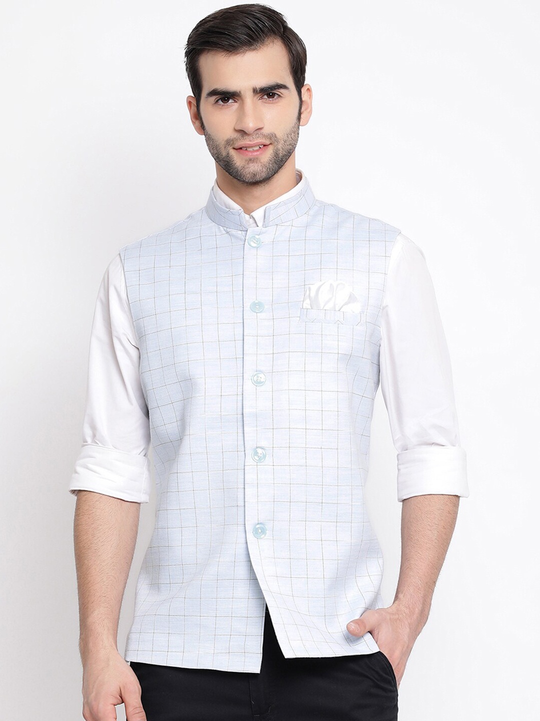 

VASTRAMAY Men Blue & Beige Checked Nehru Jacket