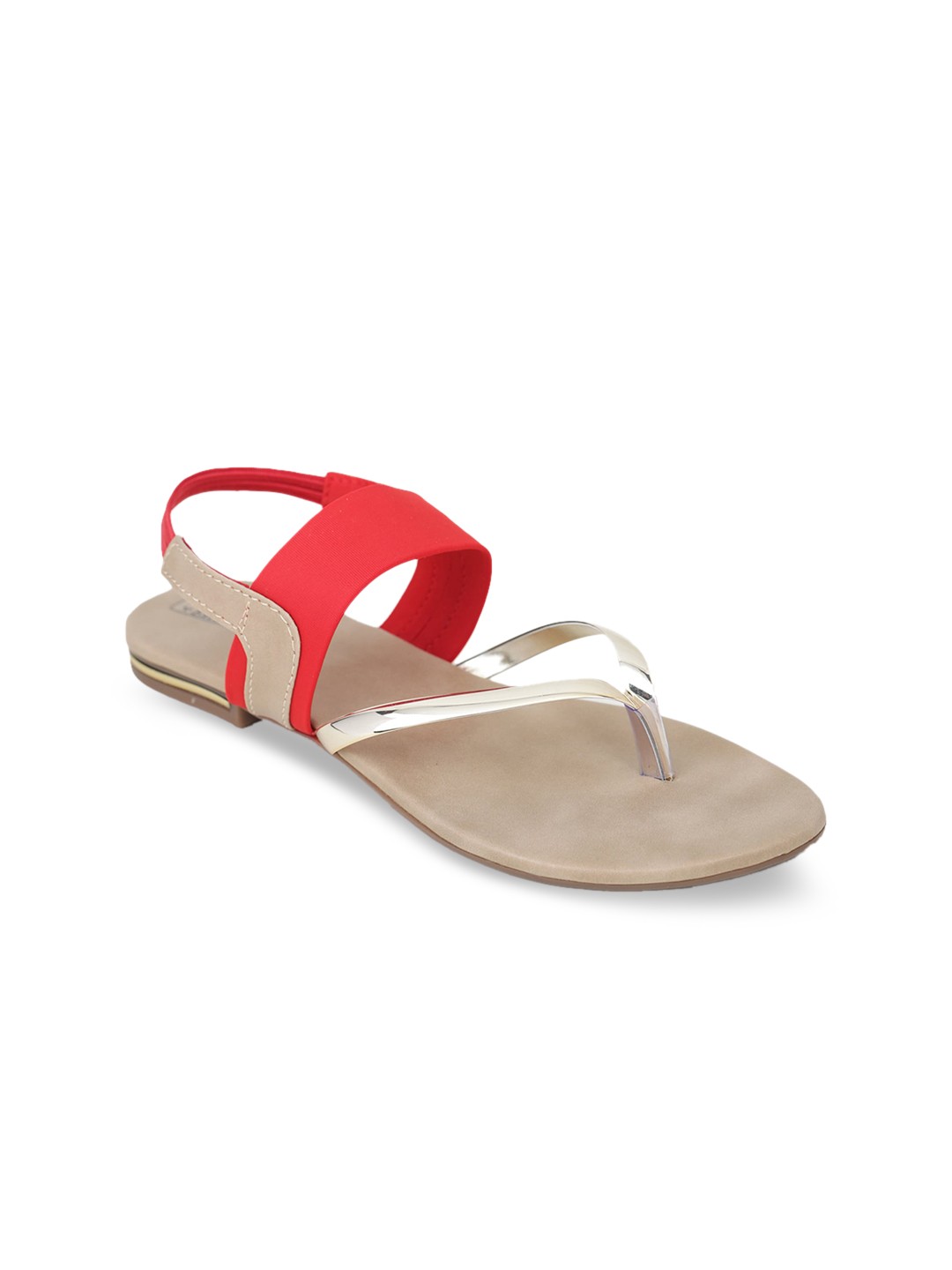 

LONDON STEPS Women Red & Silver Colourblocked Open Toe Flats