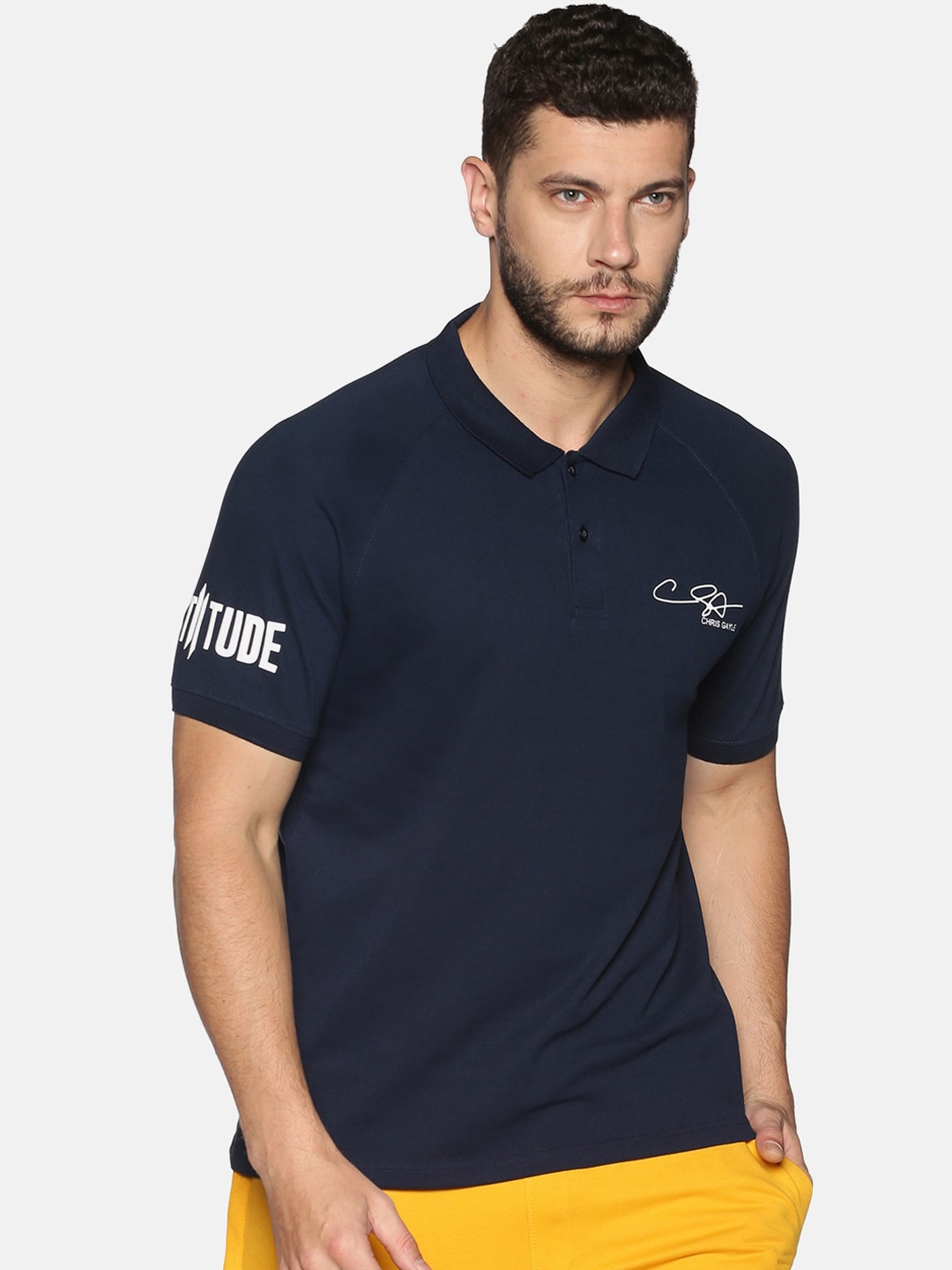 

ATTIITUDE Men Navy Blue Solid Polo Collar Slim Fit T-shirt