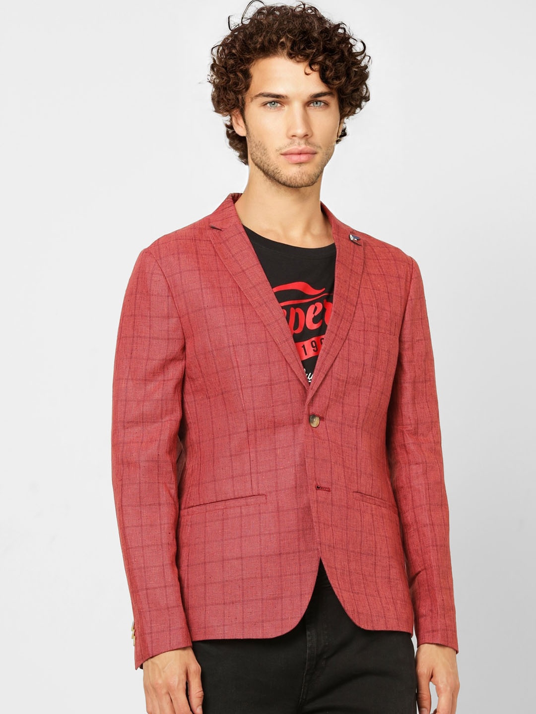 

Jack & Jones Men Red Checked Single-Breasted Slim Fit Casual Blazer