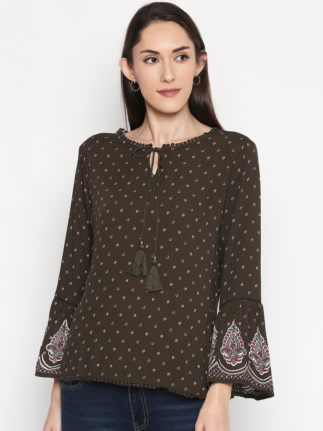 

People Women Olive Green Printed Bell Sleeves Top