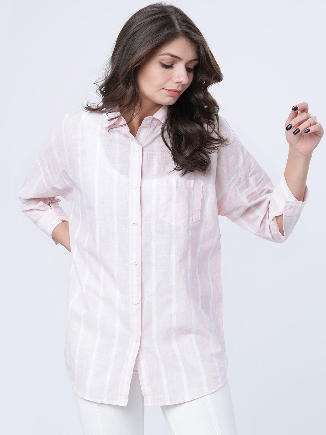 

Tokyo Talkies Women White Regular Fit Striped Casual Shirt