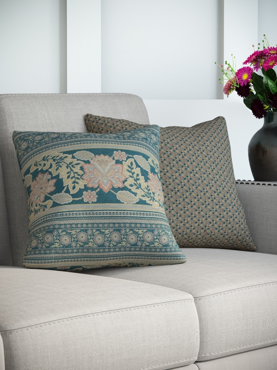 

DDecor Beige & Teal Blue Set of 2 Self Design Square Cushion Covers