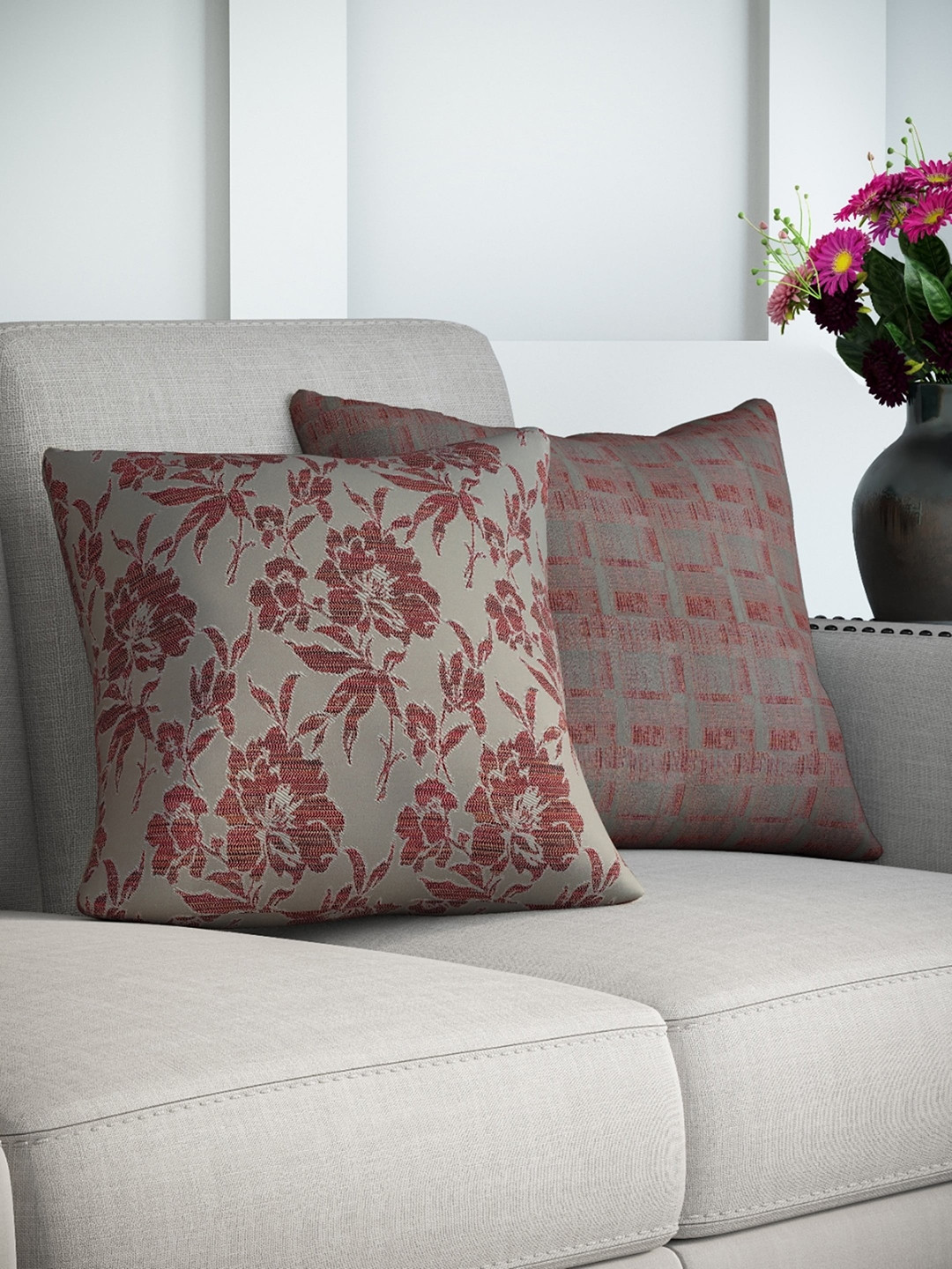 

DDecor Grey & Maroon Set of 2 Floral Square Cushion Covers
