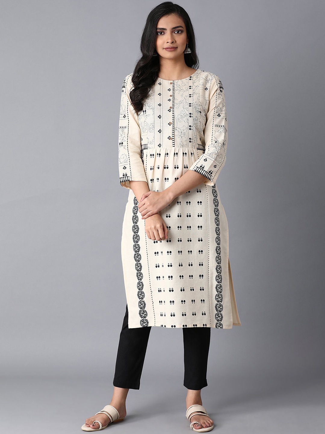 W Women Beige Printed Straight Kurta