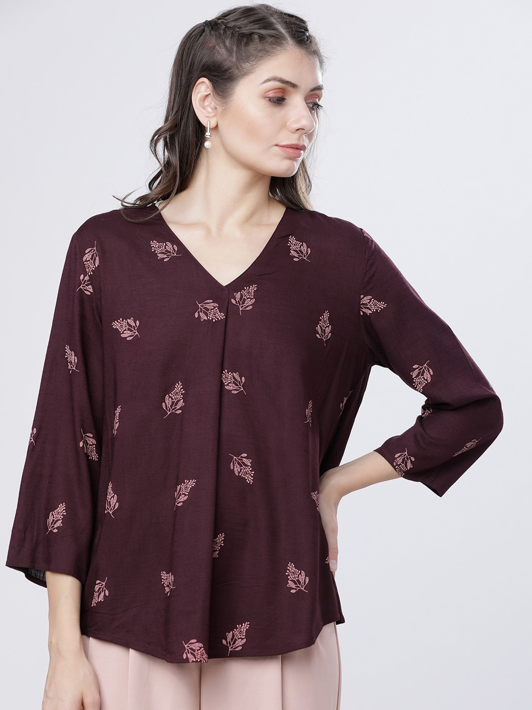 

Tokyo Talkies Burgundy Printed Styled Back Top