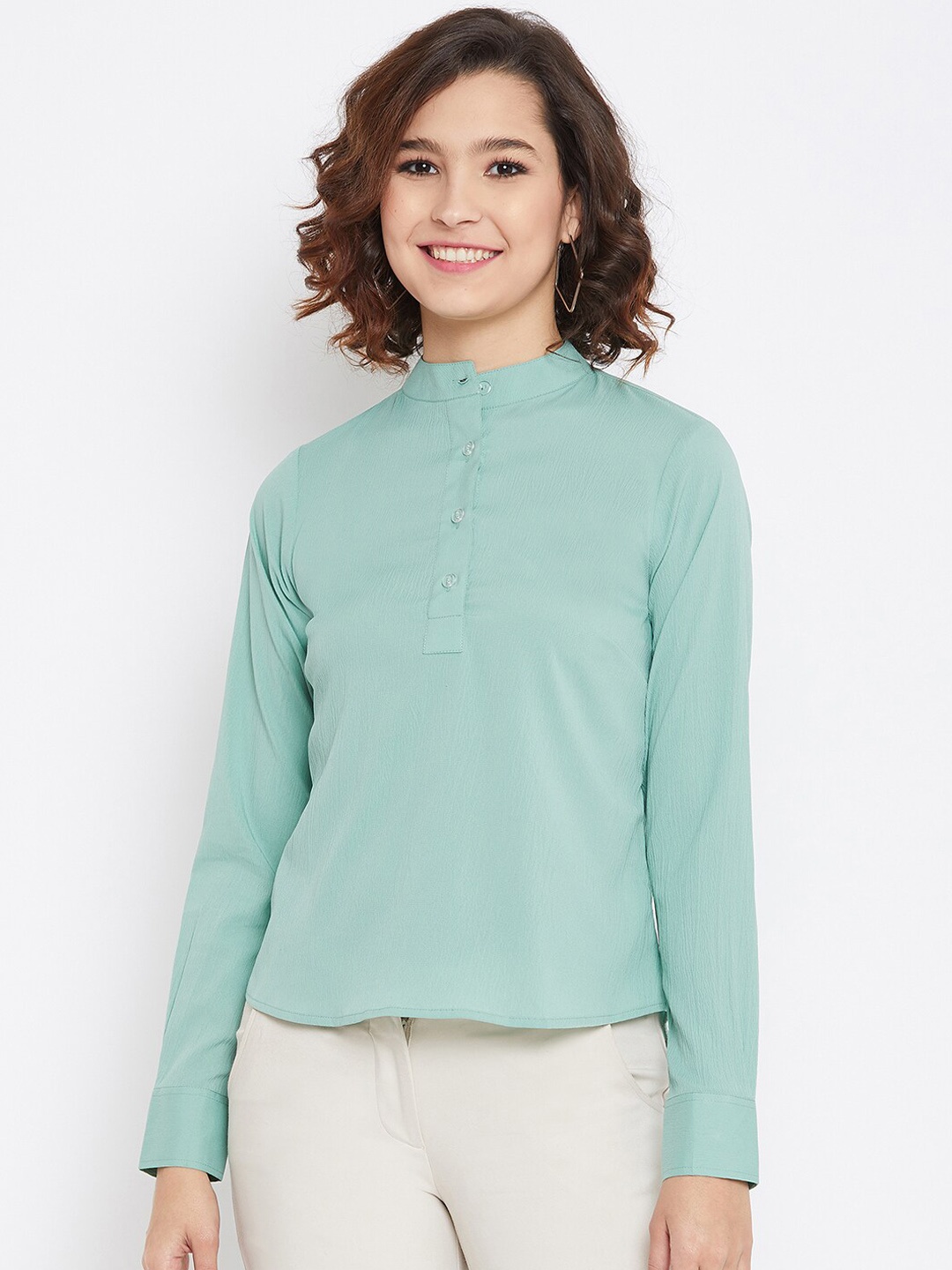 Imfashini Women Green Solid Shirt Style Top