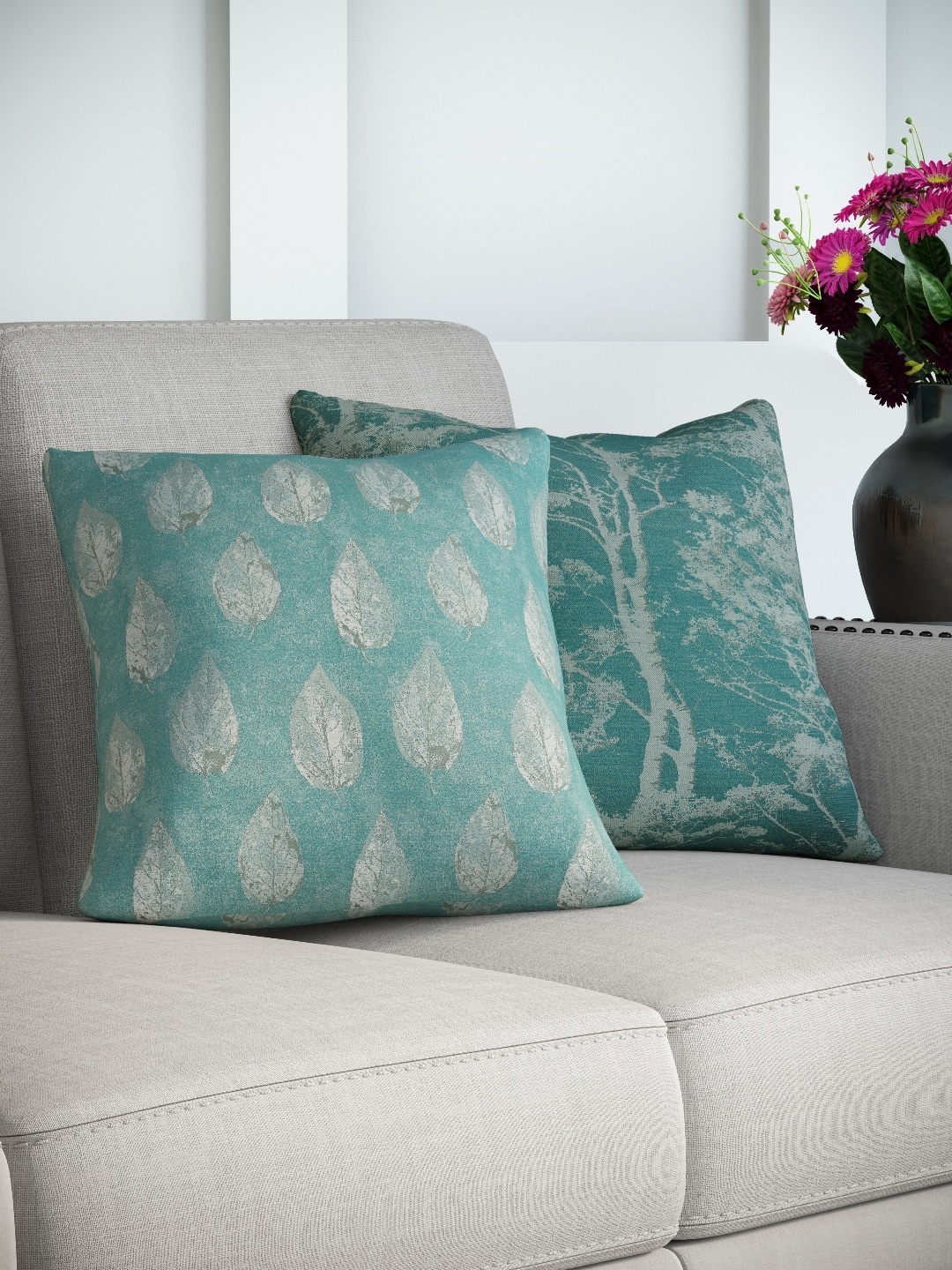

DDecor Turquoise Blue & Grey Set of 2 Abstract Square Cushion Covers