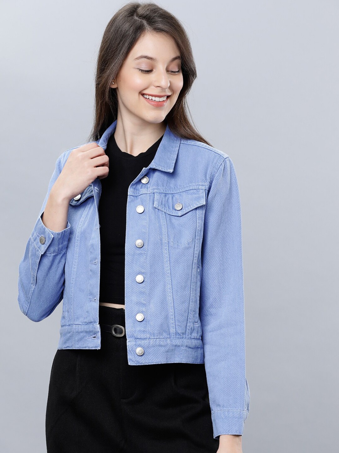 

Tokyo Talkies Women Blue Solid Denim Jacket
