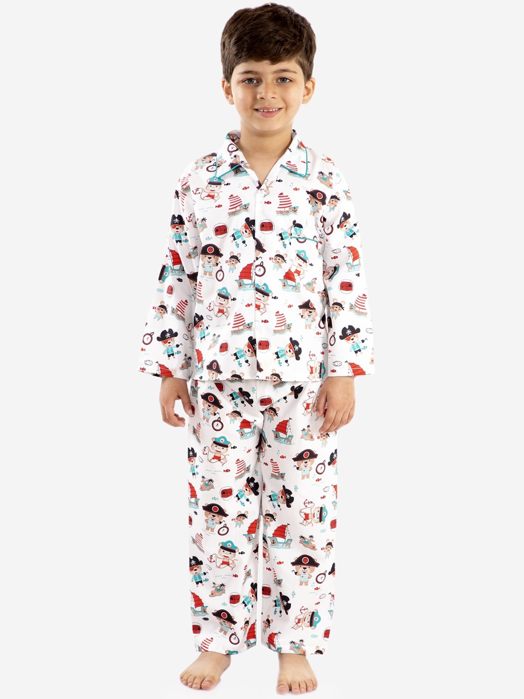 

KID1 Boys White & Blue Printed Night Suit