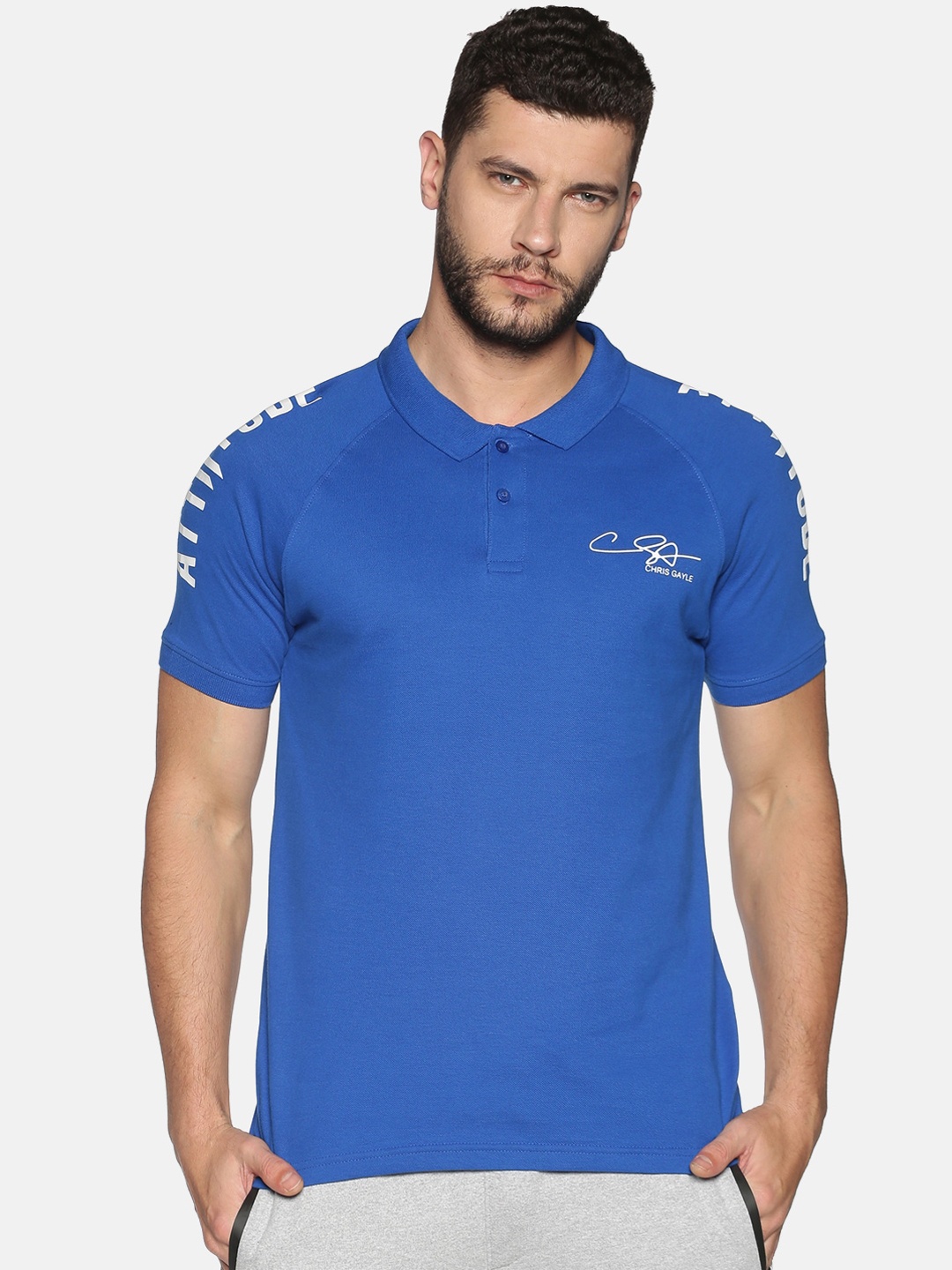 

ATTIITUDE Men Blue Printed Polo Collar Pure Cotton Slim Fit T-shirt