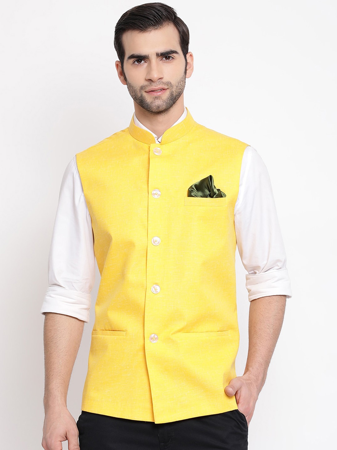 

VASTRAMAY Men Yellow & White Woven Design Slim-Fit Nehru Jacket