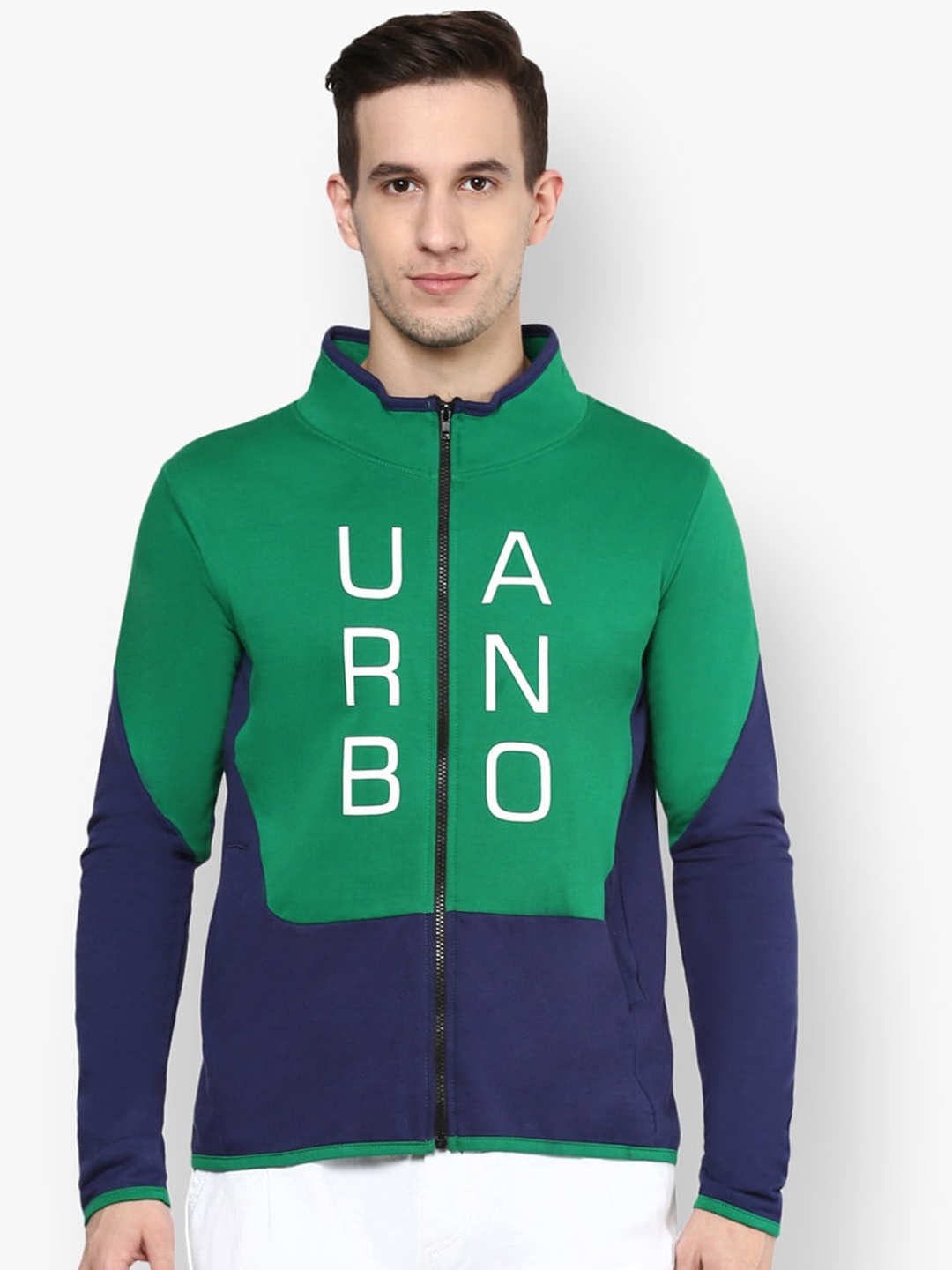 

Urbano Fashion Men Green & Blue Brand Logo Print Sporty Jacket