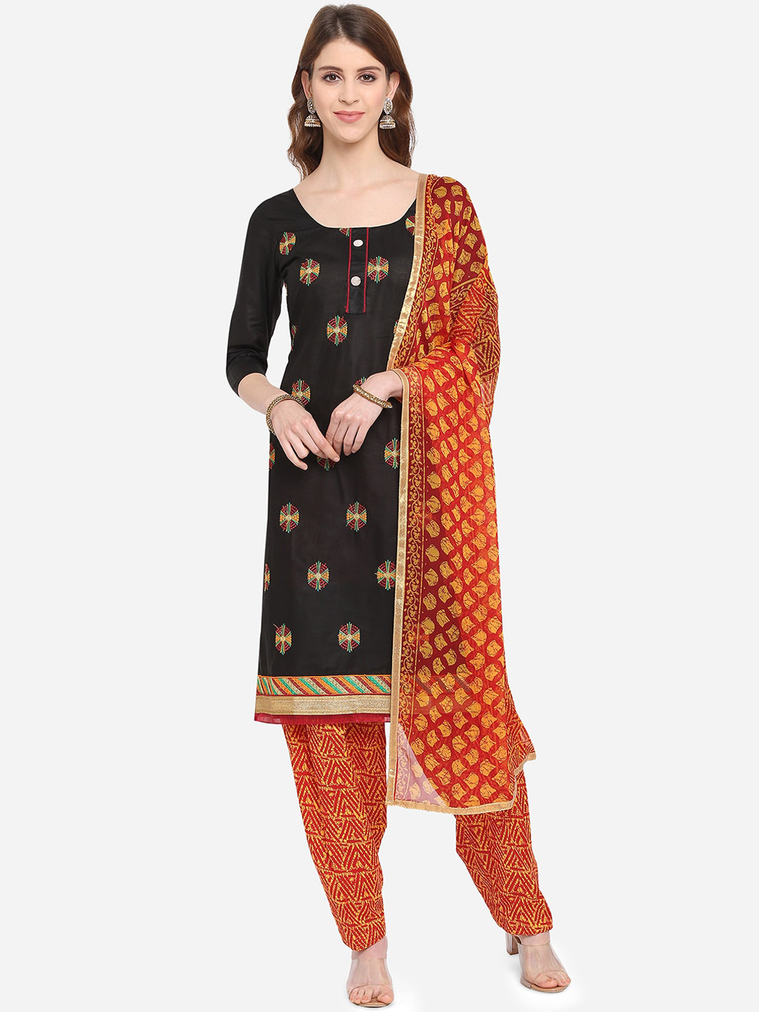 

Ethnic Junction Black & Orange Cotton Blend Unstitched Dress Material