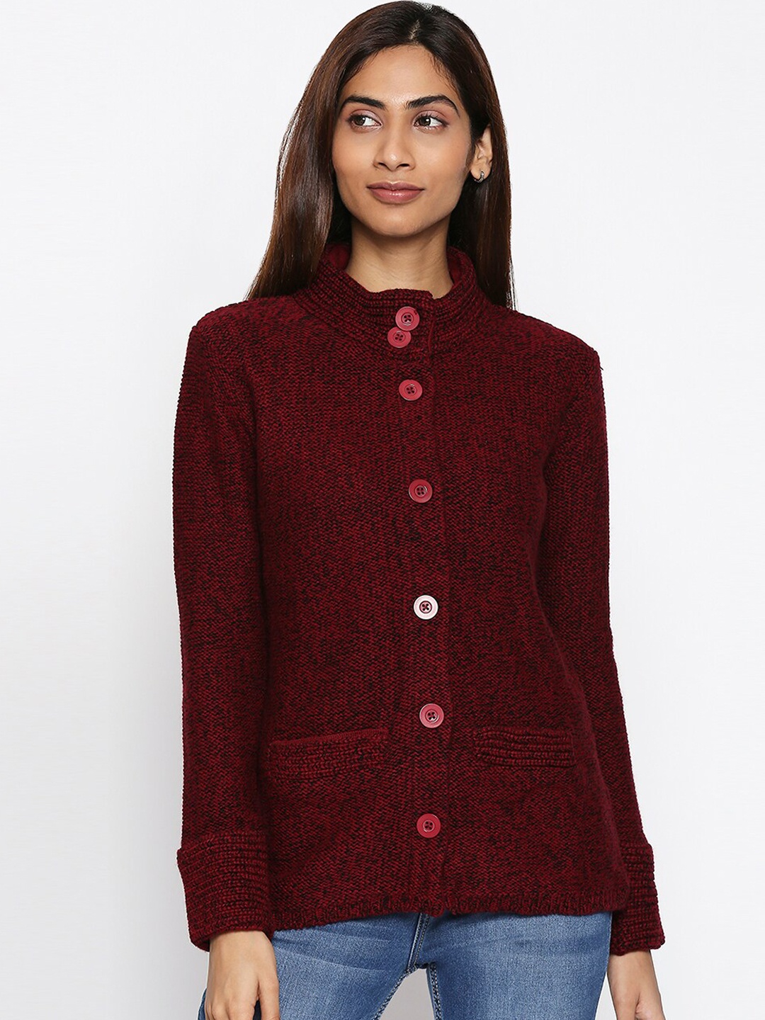 

People Women Maroon Self Design Tailored Jacket