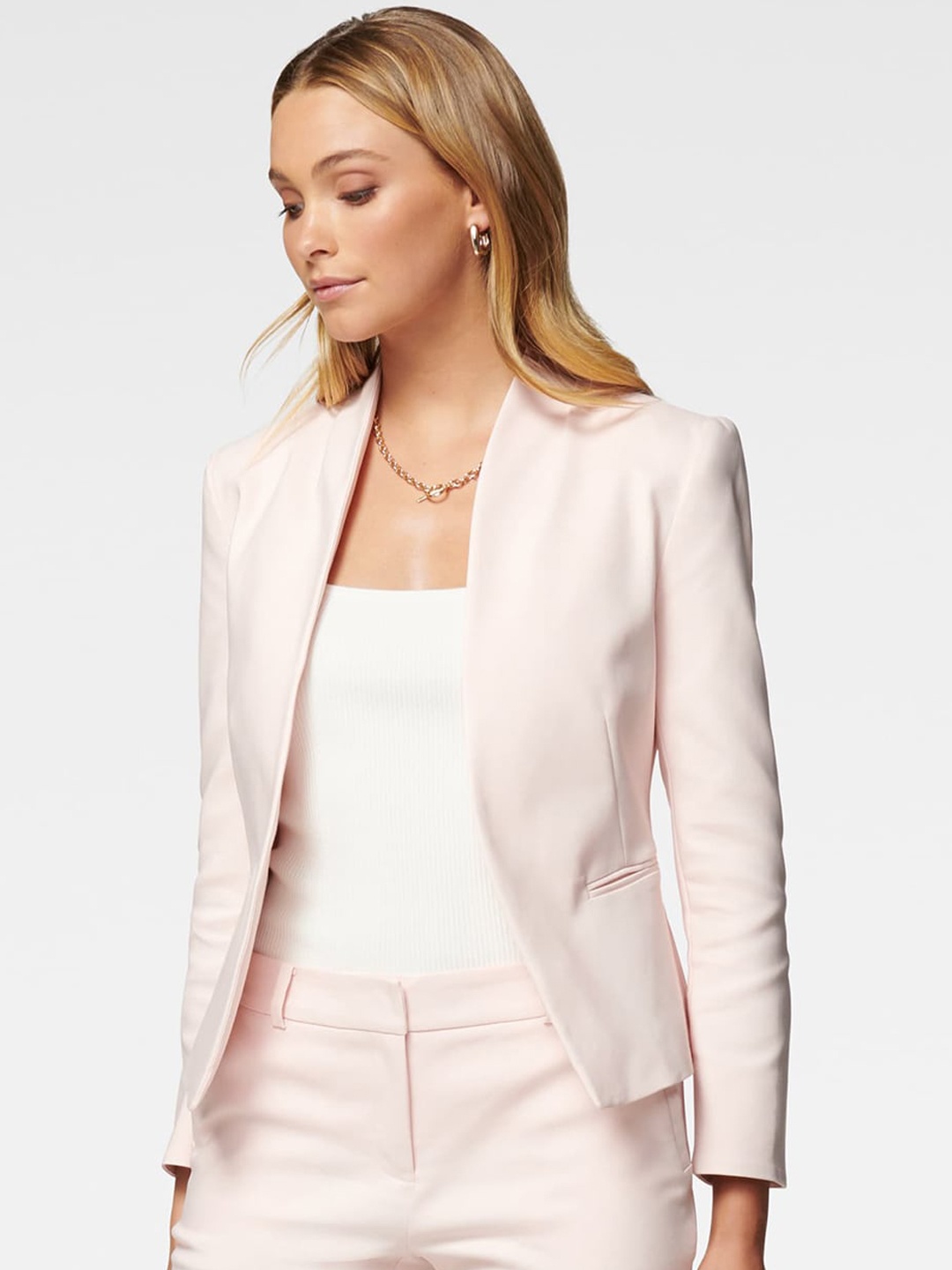 

Forever New Women Pink Solid Tailored-Fit Open-Front Blazer