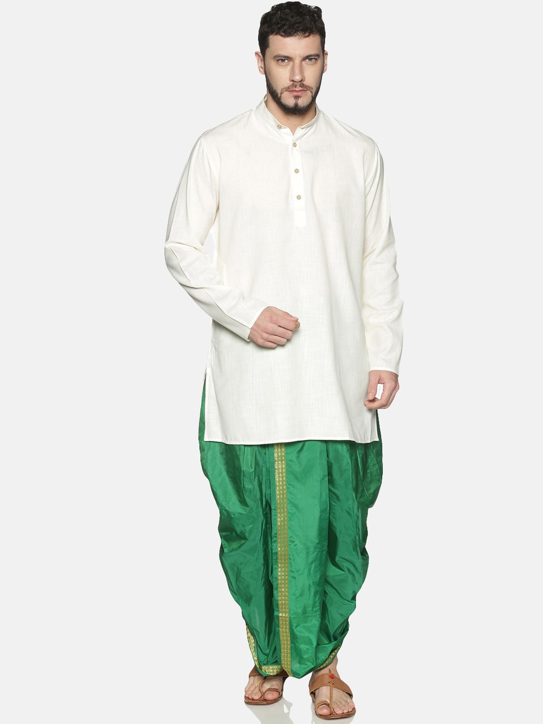 

TATTVA Men Off-White & Green Solid Kurta with Dhoti Pants