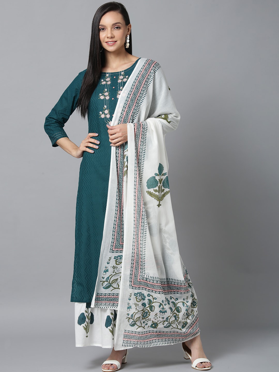 

Yufta Women Teal Blue & White Yoke Design Kurta with Sharara & Dupatta