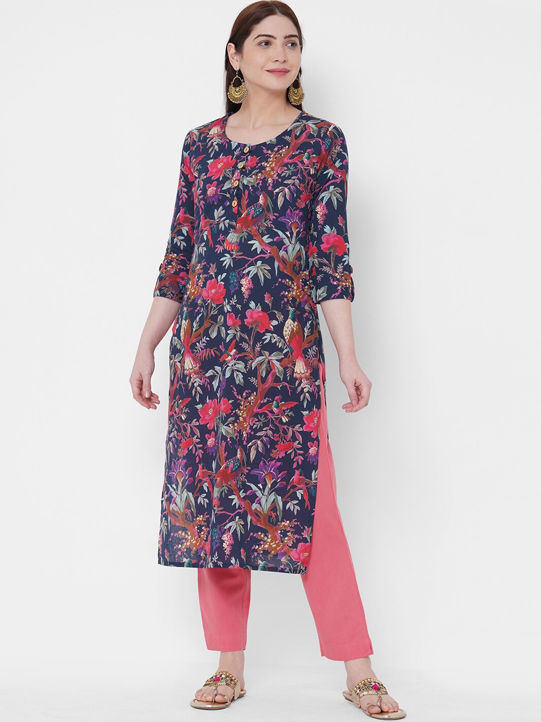 

FASHOR Navy Blue & Pink Floral Printed Kurta