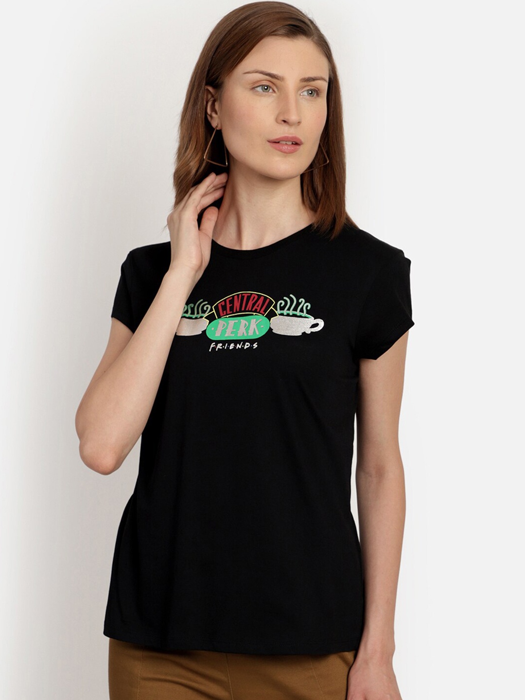 

Free Authority Women Black & Green Friends Printed Round Neck T-shirt