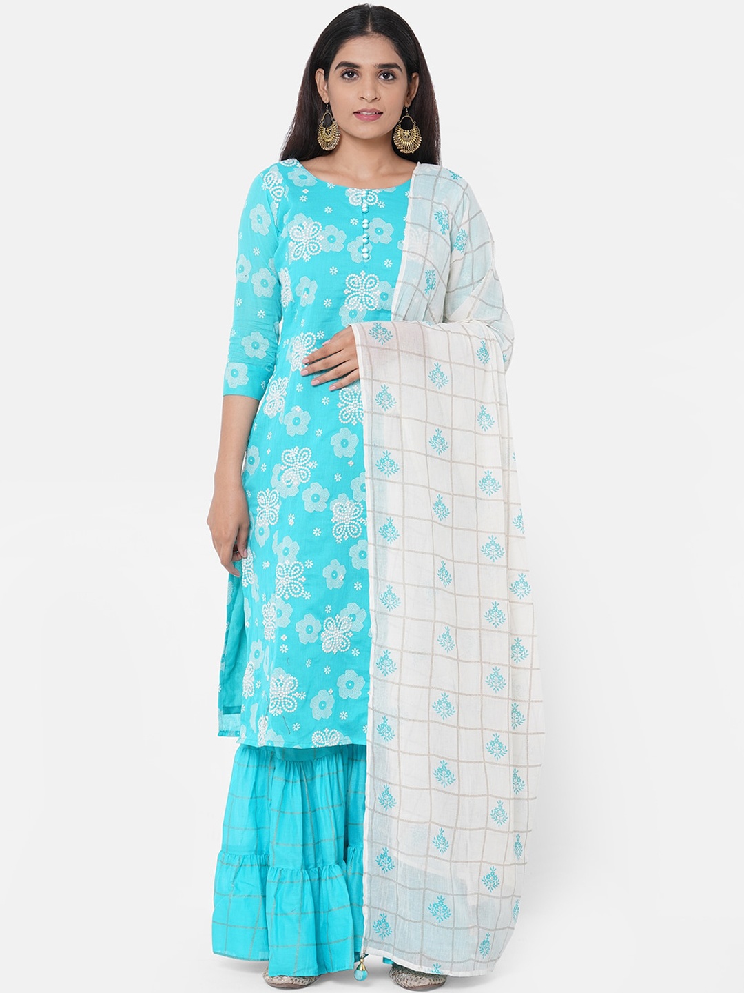 

FASHOR Women Turquoise Blue & White Printed Kurta with Sharara & Dupatta