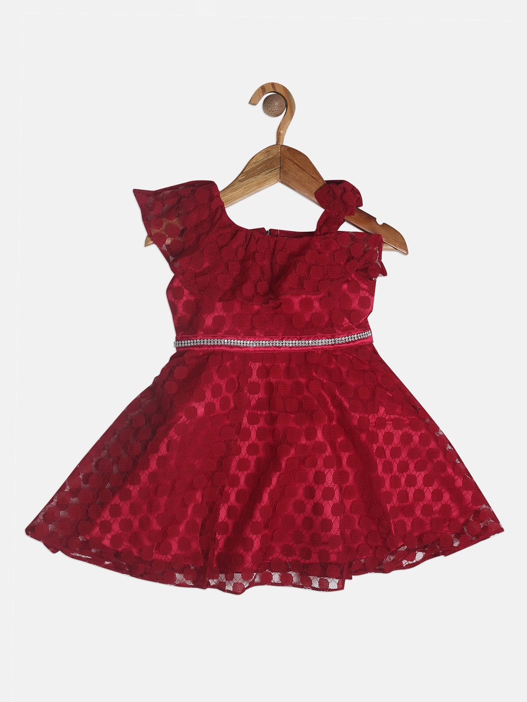 

Peppermint Girls Maroon Self Design Fit and Flare Dress