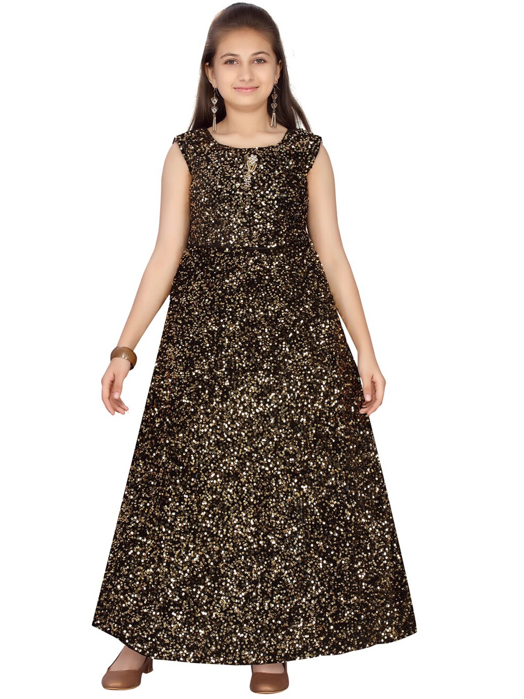 Aarika Girls Gold-Toned Printed Maxi Dress