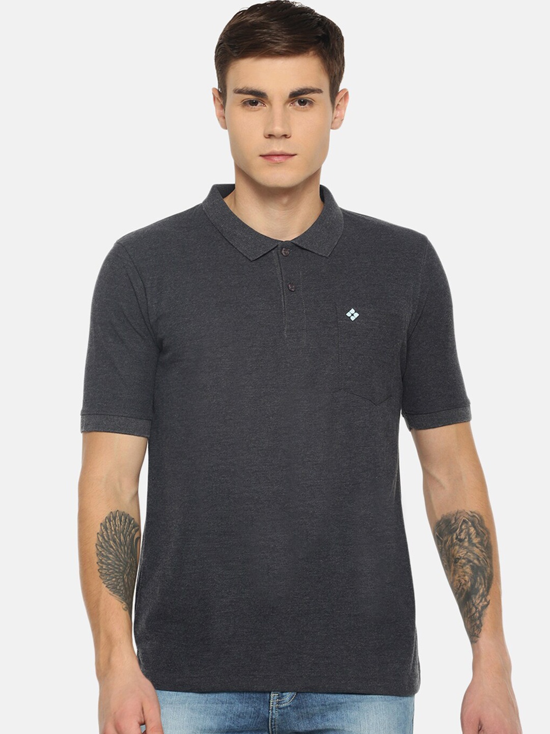 

Dollar Men Grey Solid Polo Collar T-shirt