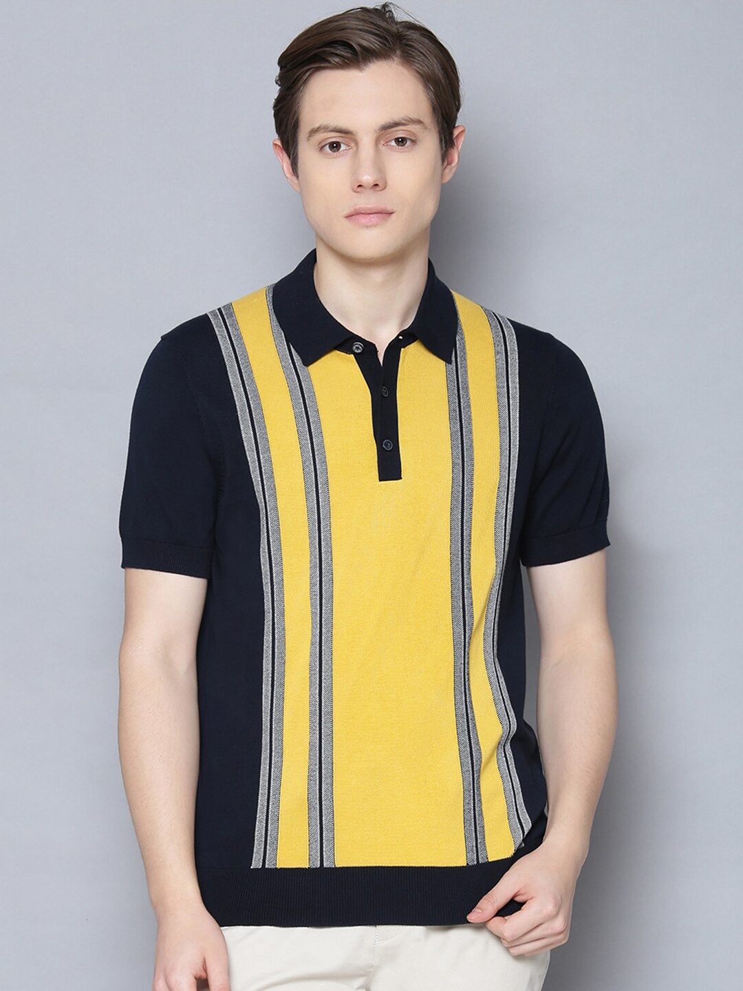 

BEN SHERMAN Men Navy Blue Yellow Colourblocked Polo Collar Cotton Pure Cotton T-shirt