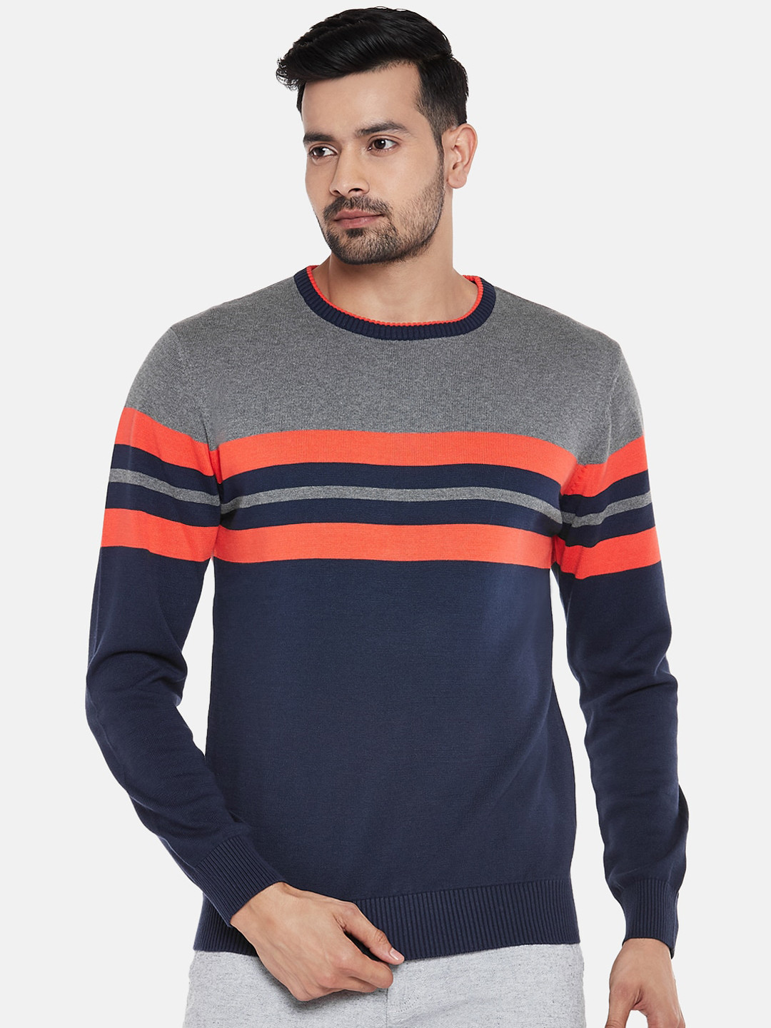 

BYFORD by Pantaloons Men Grey Melange & Navy Blue Striped Cotton Pullover Sweater