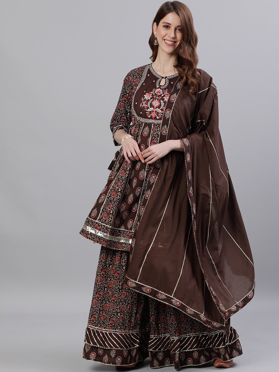 

Ishin Women Brown Embroidered Kurti with Sharara & Dupatta