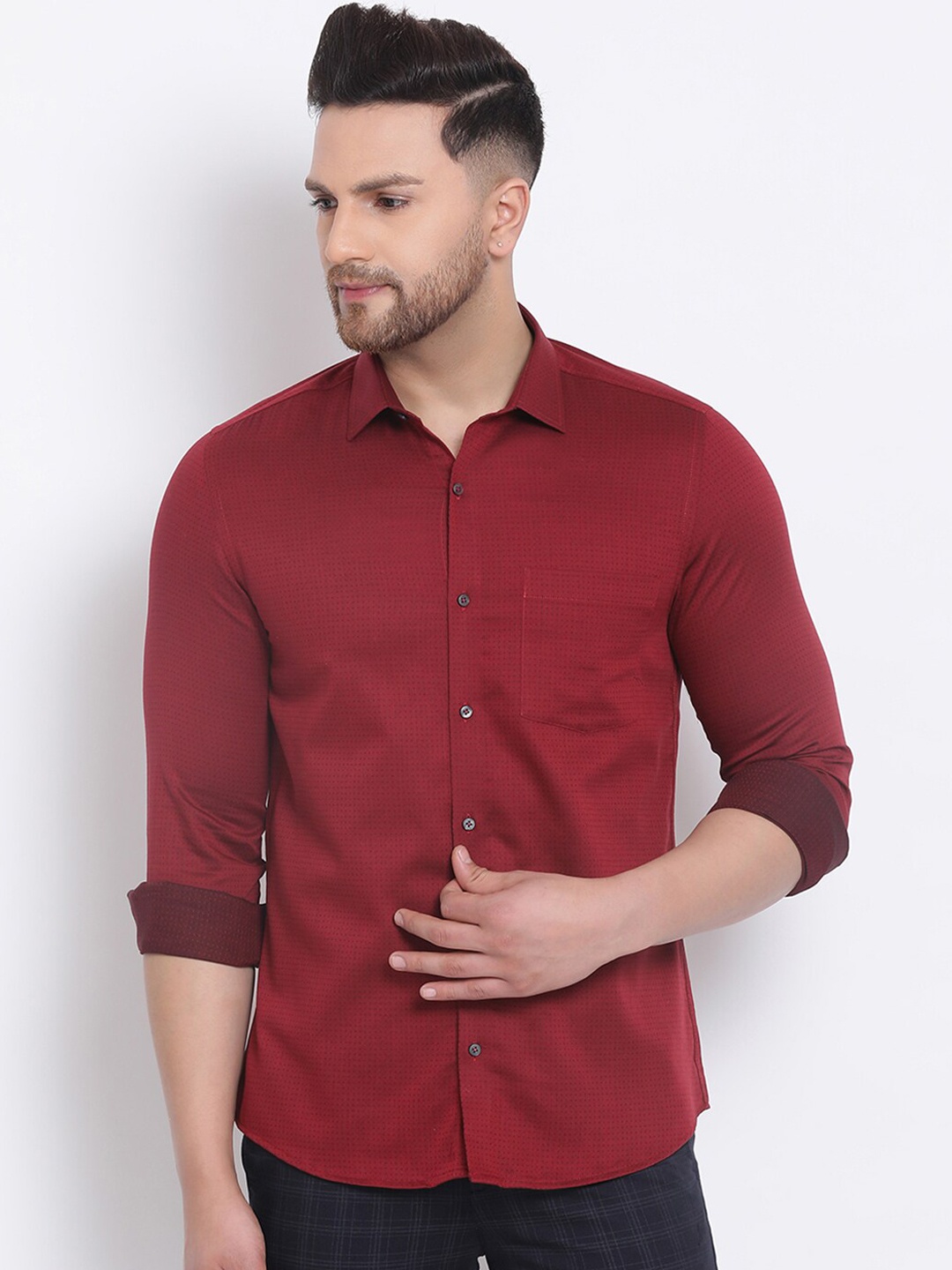 

Turtle Men Maroon Slim Fit Self Design Cotton Casual Shirt