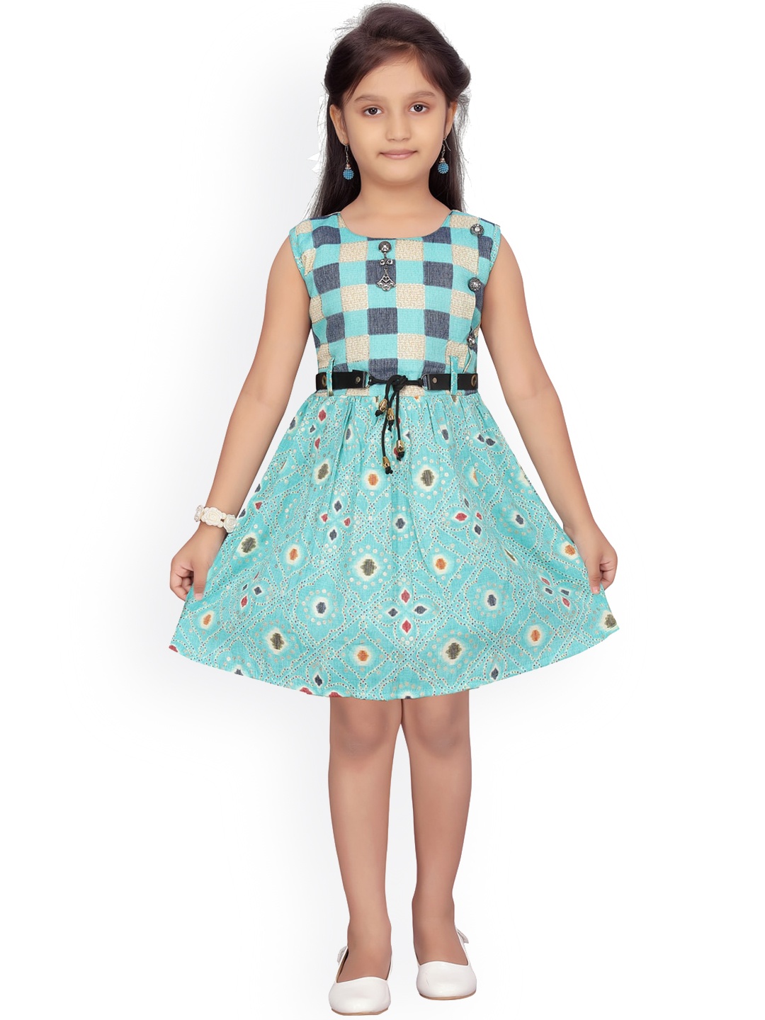 

Aarika Girls Turquoise Blue Printed Fit and Flare Dress