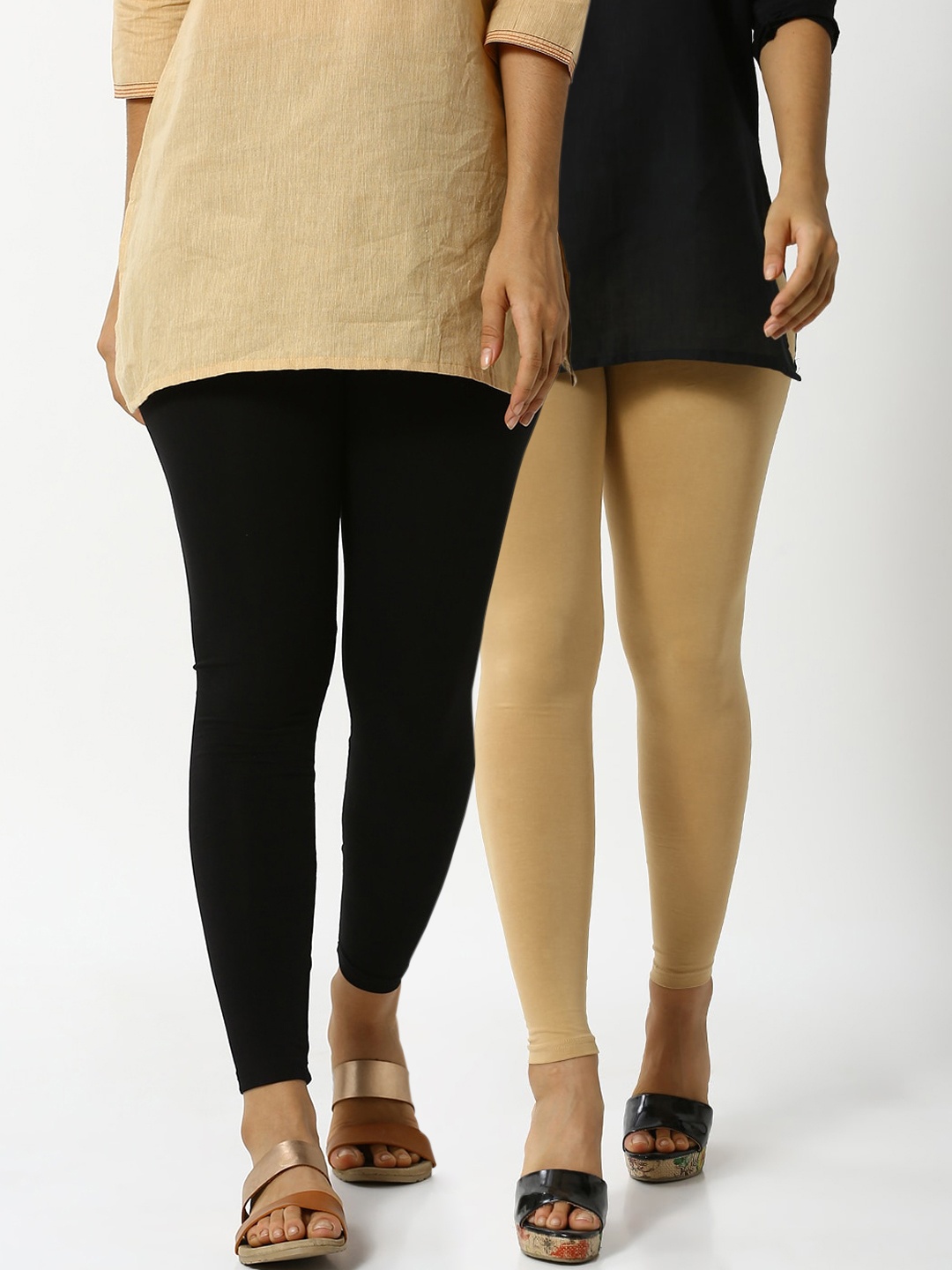 

De Moza Women Pack of 2 Solid Ankle-Length Leggings, Black