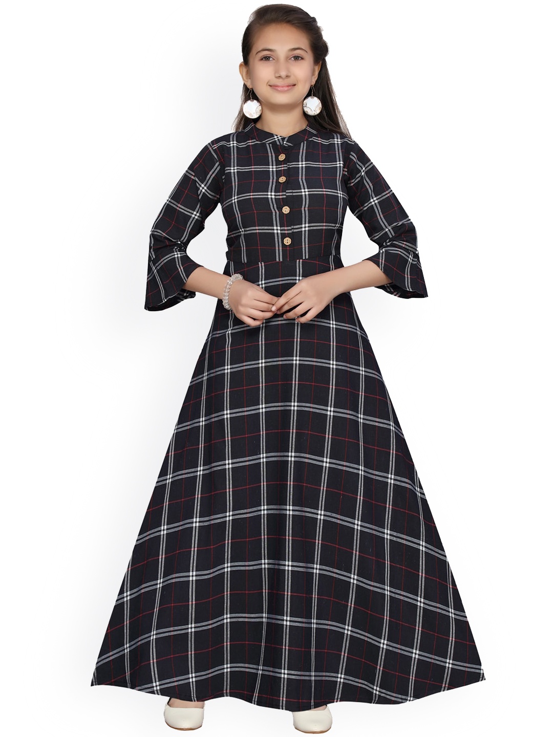 

Aarika Girls Navy Blue Checked Maxi Dress