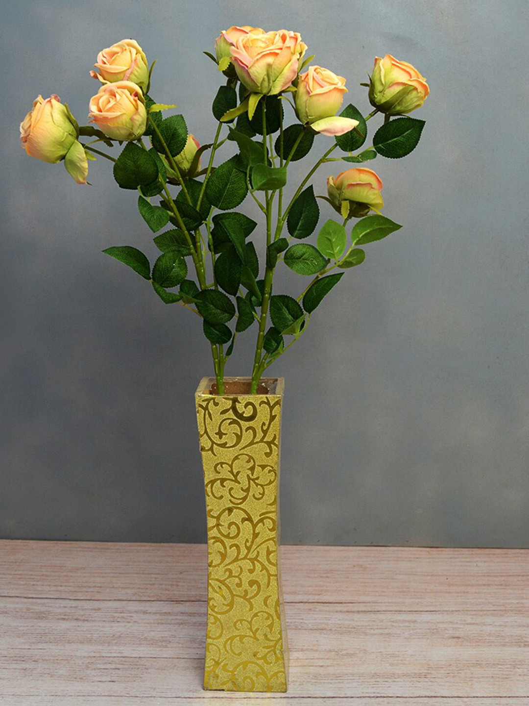 

fancy mart Pink, Yellow & Green Artificial Bengal Roses With Sticks 5 Flower Heads Without Pot