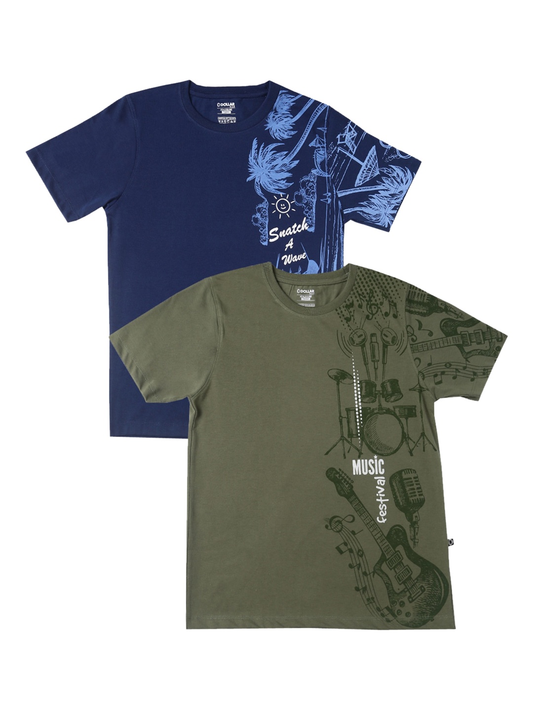

Dollar Boys Pack Of 2 Navy Blue Olive Green Printed Round Neck Pure Cotton T-shirt