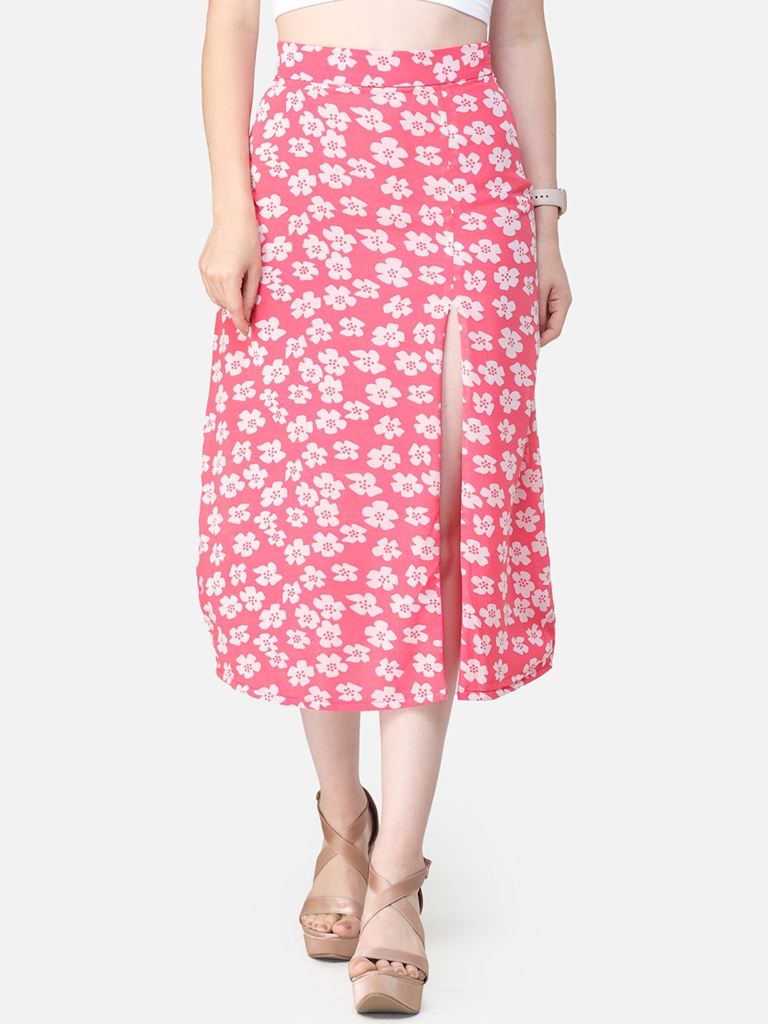 

SCORPIUS Pink & Off-White Printed Straight Midi Skirt